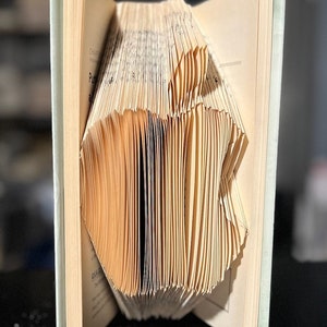 May include: A book folded into the shape of an apple. The pages are folded to create a three-dimensional effect. The book is open and the pages are visible.