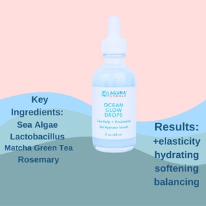 May include: A clear glass bottle with a blue label that reads "LAGUNA HERBALS OCEAN GLOW DROPS Sea Kelp + Probiotics Gel Hydrator Serum 2 oz./60 ml". The bottle is on a pink and blue background. The text "Key Ingredients: Sea Algae Lactobacillus Matcha Green Tea Rosemary" is on the left side of the image. The text "Results: +elasticity hydrating softening balancing" is on the right side of the image.
