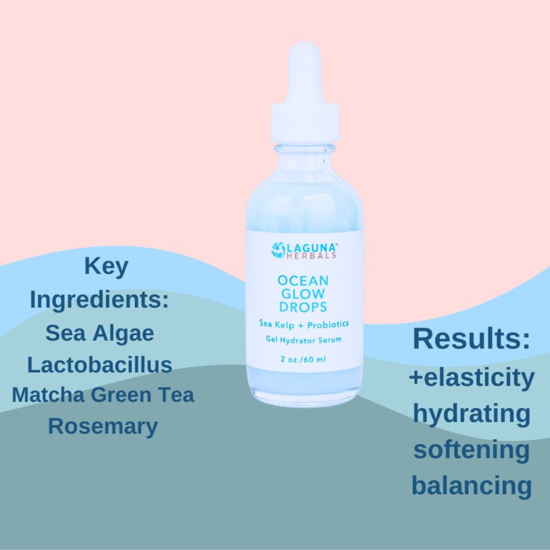 May include: A clear glass bottle with a blue label that reads "LAGUNA HERBALS OCEAN GLOW DROPS Sea Kelp + Probiotics Gel Hydrator Serum 2 oz./60 ml". The bottle is on a pink and blue background. The text "Key Ingredients: Sea Algae Lactobacillus Matcha Green Tea Rosemary" is on the left side of the image. The text "Results: +elasticity hydrating softening balancing" is on the right side of the image.