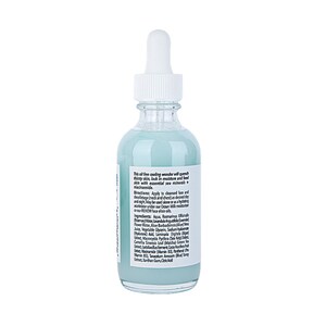May include: A clear glass bottle with a blue liquid inside. The bottle has a dropper top and a label with text that reads "This oil free cooling wonder will quench thirsty skin, lock in moisture and feed skin with essential sea minerals + niacinamide."