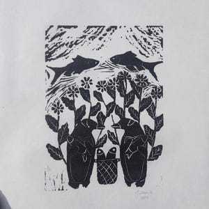 Paradise Penguin - Original Linocut Art Print - Fine Art Print - Limited Edition Animal Art - Hand carved penguin