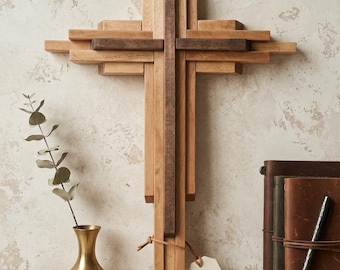 Geschichtete Holzkreuz Wandkunst | Rustikales Bauernhaus Christian Dekor, Östliche Kiefer Glaube Hängen