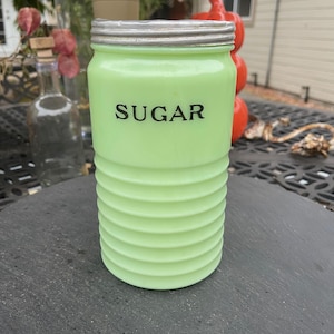 Rare Jadeite Glass - Art Deco Beehive Ribbed Jadite Green Uranium 40 oz Sugar Canister, 1930s Decor, Light Green Fire King Jeannette