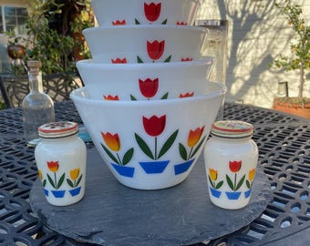 Complete Vintage Fire King Tulip Nesting Mixing Bowl Set 1940s Mid