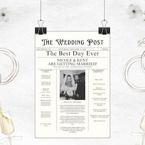 May include: A wedding announcement designed as a newspaper front page. The headline reads "The Wedding Post" with the date and time. The announcement features a photo of the couple, Nicole and Kent, and details of the wedding party and ceremony.