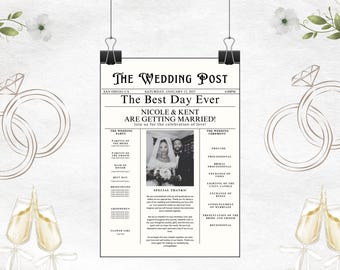 Modelo de convite de jornal para casamento: Programa Canva editável (download digital)