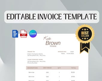 Plantilla de factura editable: Diseño minimalista para Canva, Word y PDF