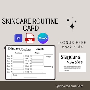 Könnte beinhalten: Eine Hautpflege-Routinekarte mit dem Text "SKINCARE ROUTINE CARD" oben. Die Karte enthält Abschnitte für Morgen- und Abendroutinen mit Platz für Schritte und Notizen. Symbole für Word, PDF und Canva sind ebenfalls vorhanden.