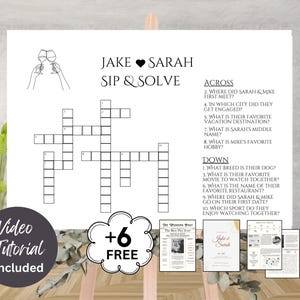 Puede incluir: Un juego de crucigrama imprimible para una fiesta de compromiso de pareja. El crucigrama se titula "Jake & Sarah Sip & Solve". El crucigrama tiene 10 pistas, 6 horizontales y 4 verticales. El crucigrama está impreso en un fondo blanco con un borde negro. La imagen también incluye un tutorial en video y 6 tarjetas imprimibles gratuitas.