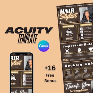 May include: A digital template for a hair stylist's booking site, featuring a phone mockup and a flyer with contact information, booking hours, and rules. The design includes the text "Acuity Template" and "+16 Free Bonus."