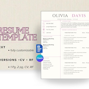 Puede incluir: Una plantilla de currículum vitae con un diseño rosa claro y blanco. El texto "RESUME TEMPLATE" está en una fuente decorativa. La plantilla incluye secciones para información de contacto, experiencia laboral y educación. También incluye el texto "totalmente personalizable".