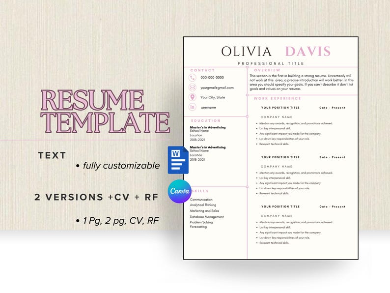 May include: A resume template with a light pink and white design. The text "RESUME TEMPLATE" is in a decorative font. The template includes sections for contact information, work experience, and education. The image also includes the text "fully customizable".