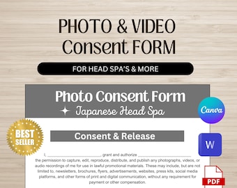 Formulario de consentimiento para fotografías de spa japonés / Plantilla editable en Canva, Word y PDF / Formulario de autorización del cliente
