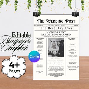 May include: A black and white wedding announcement template in the style of a newspaper. The headline reads "The Wedding Post" and the subheading reads "The Best Day Ever". The announcement includes the names "Nicole & Kent" and the text "Are Getting Married!" The template includes a black and white photo of the couple and a list of wedding ceremony events.
