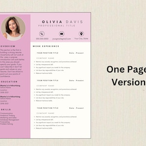 May include: A resume template with a pink and white design. The resume includes sections for contact information, work experience, education, and skills. The text "OLIVIA DAVIS PROFESSIONAL TITLE" is at the top, and "One Page Version" is on the right.