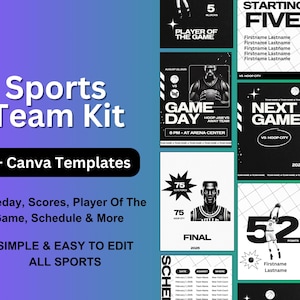 Modelos de Canva para equipes esportivas | 8 gráficos de retrato editáveis para dia de jogo, placar, POTG e muito mais | Designs de equipe personalizáveis