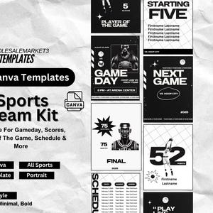 Sports Team Canva Templates | 8 Editable Portrait Graphics for Game Day, Score, POTG & More | Customizable Team Designs