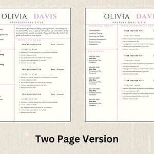 May include: A two-page resume template with a minimalist design. The resume features a white background with black text and pink accents. The layout includes sections for contact information, education, skills, and work experience.