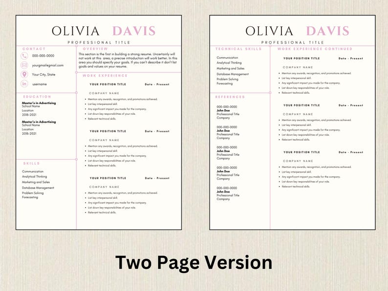 May include: A two-page resume template with a minimalist design. The resume features a white background with black text and pink accents. The layout includes sections for contact information, education, skills, and work experience.