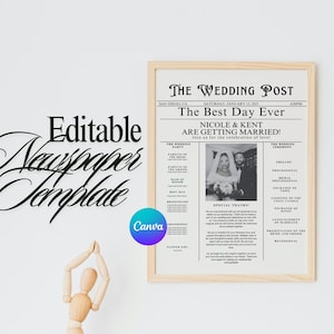 May include: A printable wedding announcement template in the style of a vintage newspaper. The template features a black and white photo of a bride and groom, the text "The Wedding Post", and the text "The Best Day Ever".