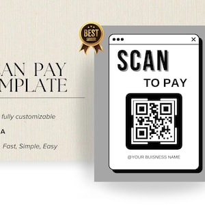 May include: A black and white digital screen with the text "SCAN TO PAY" and a QR code. The screen is labeled with the text "@YOUR BUISNESS NAME".