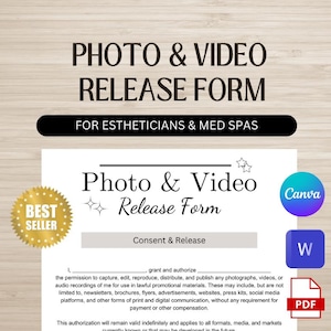 Puede incluir: Un formulario de autorización de foto y video imprimible para esteticistas y spas médicos. El formulario está diseñado para ser utilizado por las empresas para obtener el permiso de los clientes para usar sus imágenes y videos con fines de marketing. El formulario incluye una sección para que el cliente firme y feche, así como una sección para que la empresa proporcione su información de contacto.