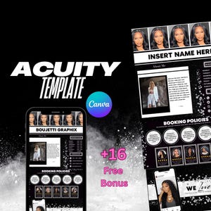 May include: A black and white graphic design for an Acuity template. The design includes a phone mockup with the text "BOUJETTI GRAPHIX" and a Canva logo. The design also includes the text "+16 Free Bonus".