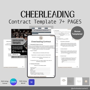May include: A digital download of a cheerleading contract template. The template is designed for a cheerleading program and includes sections for program overview, participant information, attendance checklist, communication, expectations and standards, health and safety, parental consent, and more. The template is available in multiple pages and can be edited using Canva or Word.