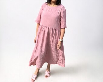 Vintage O-Neck Half Sleeve Cotton Dress | Women's Summer Mid-Calf Length Robe | Casual Holiday Sundress