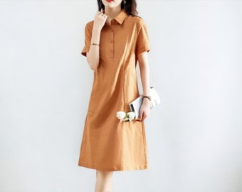 Women's Solid Short Sleeve A-line Dress | Summer Casual Pocket Tube A-Line Shirt Dress | Soft Cotton Linen Dress