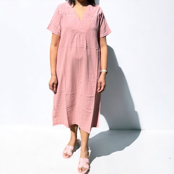 Chic V-neck Linen Summer Dress | Trendy Women's Fashion | Short Sleeve, Loose Fit, Comfortable | Cotton Linen Apparel