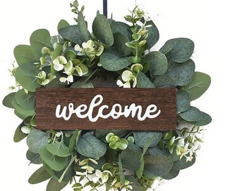 Panneau de bienvenue, couronne d'eucalyptus, décoration artificielle printemps-été, baies blanches, porte d'entrée