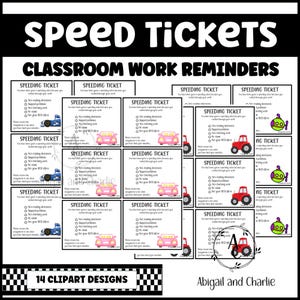 Pode incluir: Imagem a preto e branco com lembretes de trabalho em sala de aula intitulados "Speed Tickets". O design inclui vários modelos de "Speeding Ticket" com cliparts de carros, tratores e submarinos. O texto diz "Classroom Work Reminders" e "14 Clipart Designs."
