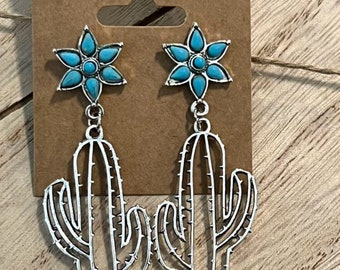 Boucles d'oreilles en alliage à motif cactus évidé et turquoise
