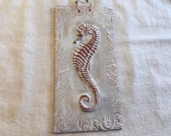 White Seahorse in Waves Tile