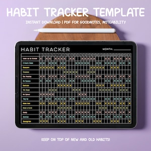 May include: A black and white habit tracker template on a tablet screen. The template has a calendar with days of the month and a list of habits to track, such as "Wake up at 6:00am", "8 hours sleep", "Stretch", "Workout", "Eat Healthy", "No Sweets", "Exercise", "10k Steps", "Tidy Up", "No Spend", "Make Bed", "Read a Book", "Study", "Journal", and "Instagram". The text "MONTH:" is at the top of the calendar. The text "KEEP ON TOP OF NEW AND OLD HABITS!" is at the bottom of the screen.