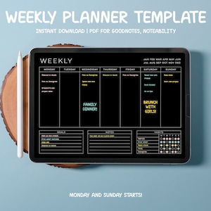 Weekly Digital Planner | Goodnotes Template | Undated Weekly Planner | Dark Mode Planner | iPad Planner | Digital Journal Pdf | Notability