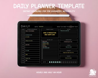 May include: A digital daily planner template displayed on a black tablet. The planner features a schedule, to-do list, and notes section. The text "DAILY PLANNER TEMPLATE" is at the top, with "INSTANT DOWNLOAD" below. A stylus rests above the tablet on a wooden surface.