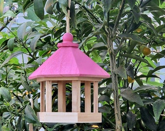 Charmante mangeoire de jardin suspendue en rose ou bleu - Nichoir en bois | Station de nourrissage pour oiseaux