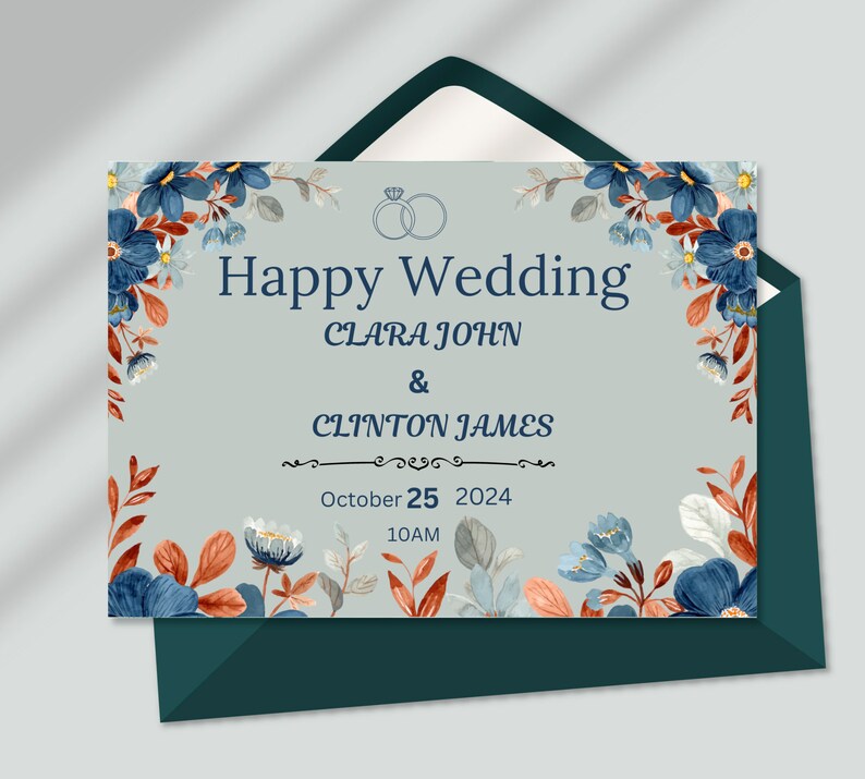Minimalist Blue Wedding Card With Happiness Message, Simple Elegant ...