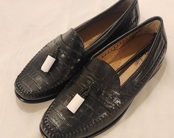 Mocasines Florsheim Pisa de piel negra con estampado de cocodrilo y borlas para hombre, talla 12 EEE, nuevos sin caja.
