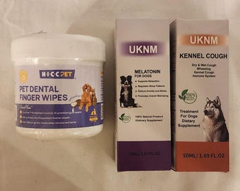 Kit de bienestar para perros: toallitas dentales, gotas de melatonina, pastillas para la tos para perros.