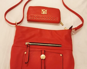 Badgley Mischka Orange Studded Vegan Leather Wallet and Crossbody Bag Set