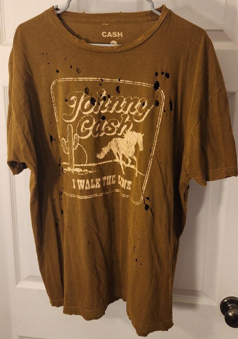 Johnny Cash I Walk the Line Tee XL Brown Distressed Graphic Shirt image 1