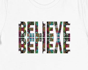 BELIEVE T-shirt, Butterfly Font Believe Tee, Womens Graphic T-Shirt, Believe Christian Top, Short Sleeve Cotton Tee, Religious Gifts for Her