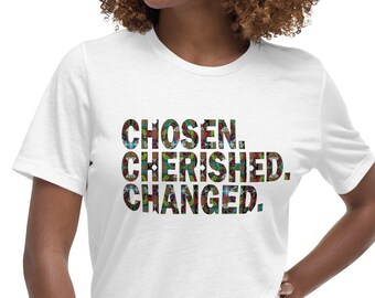 Short Sleeve Graphic T-Shirt, Womens Christian Cotton Tee, Crew Neck T-shirt, Baptism Religious Gift, Chosen Cherished Changed Butterfly Tee