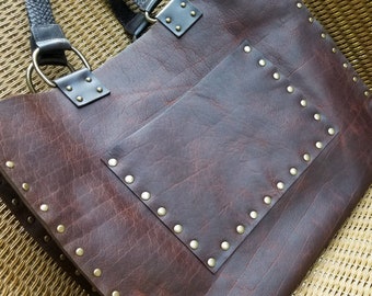 Bison Leather Tote Bag, Large Carryall, Laptop Computer Bag, Braided Handles, Adjustable Leather Shoulder Strap, Solid Brass Hardware, MALIA
