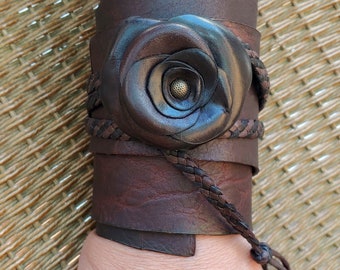 Women's Flower Cuff, Tribal Wrap Bracelet, Wide Leather Cuff Bracelet, Bison Wedge Cuff, Braided Leather Ties, Boho Jewelry, Leather TENAYA