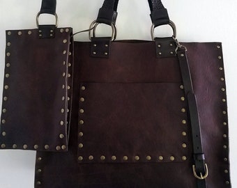 Leather Tote Bag & Wristlet Set, Leather Laptop Bag and Purse, Bison Carry All w/ Wallet, Braided Deerskin Handles, Shoulder Strap MALIA