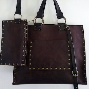Leather Tote Bag & Wristlet Set, Leather Laptop Bag and Purse, Bison Carry All w/ Wallet, Braided Deerskin Handles, Shoulder Strap MALIA